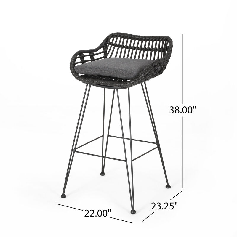 Modern Outdoor Wicker Barstools with Cushions (Set of 2)