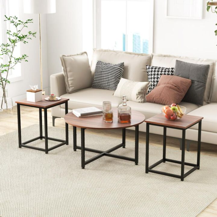 Hivvago 3-Piece Coffee Table Set Round Coffee Table and 2PCS Square End Tables