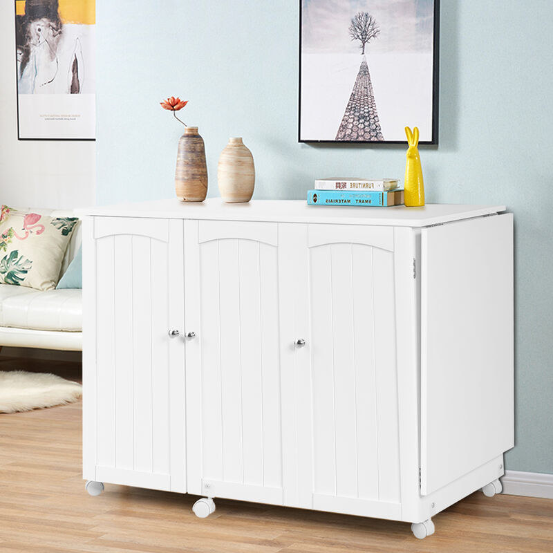 Folding Sewing Table Shelves Storage Cabinet Craft Cart with Wheels