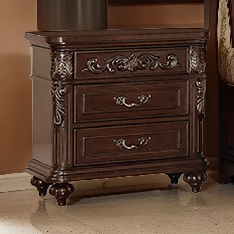 30 Inches 3 Drawer Engraved Wooden Nightstand, Brown-Benzara