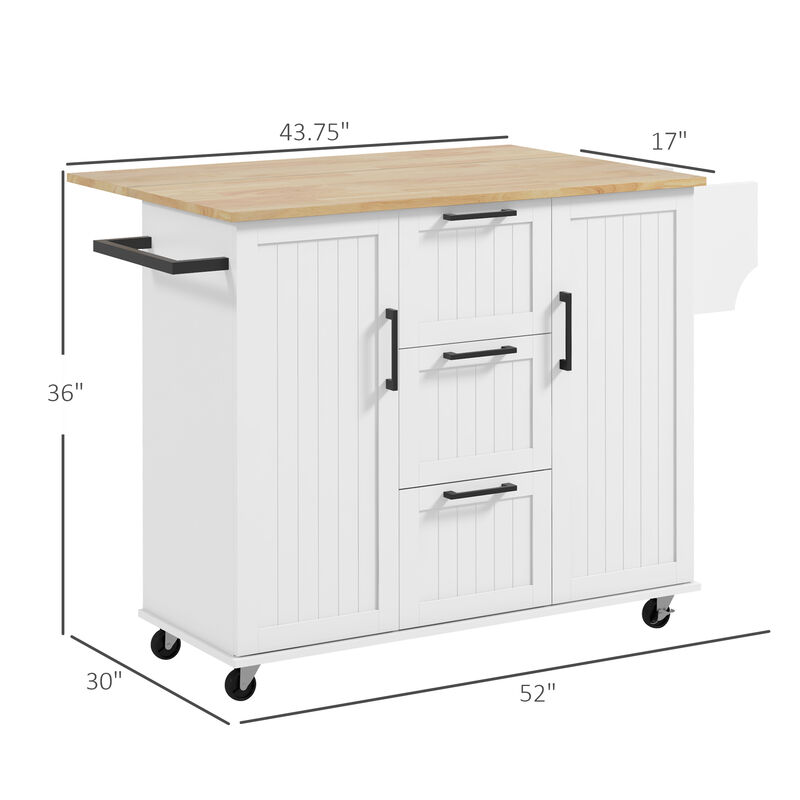 HOMCOM Kitchen Island on Wheels, Kitchen Cart with Drop Leaf, 3 Drawers