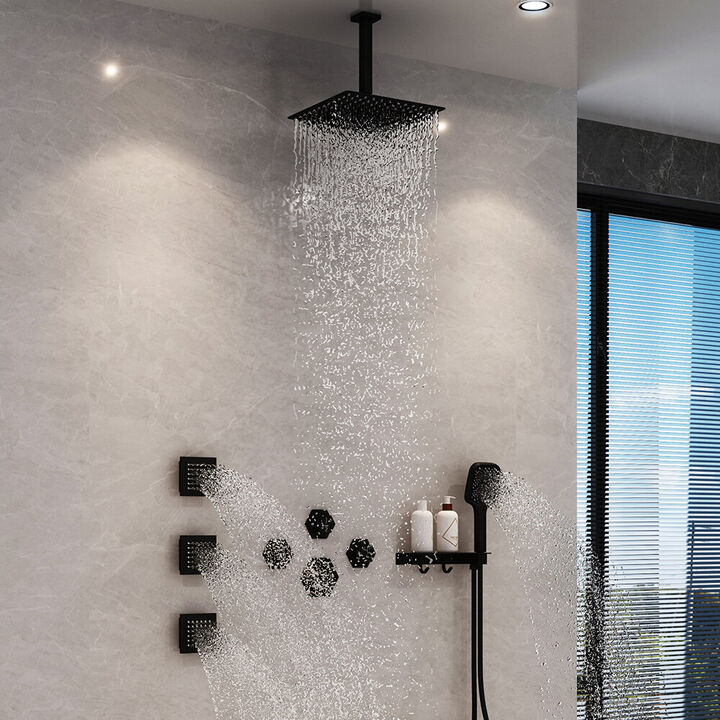 Mondawe Free Combination Handles Wall Mounted 12 Inch Thermostatic 3 Functions 5 Sprays Luxury Shower System with 6 Body Jets and Rough-in Valve Included in Brushed Nickel
