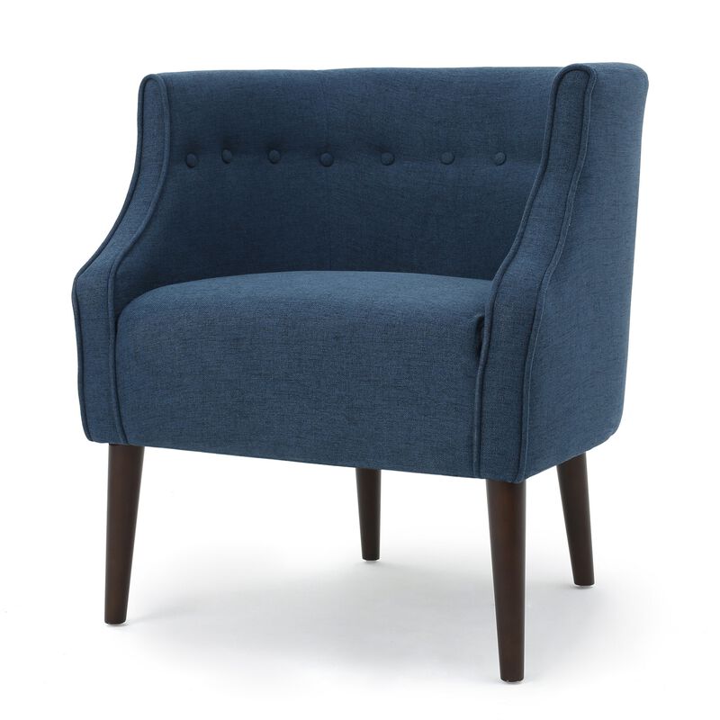 Accent Club Chair, Curved Barrel Back, Button Tufted, Navy Blue Fabric - Benzara