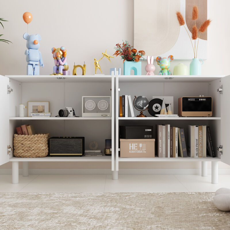 63.2 in. W White Rectangle Wood Console Table Entryway Table Hallway Living Room with Adjustable Shelves, Pop-up Doors