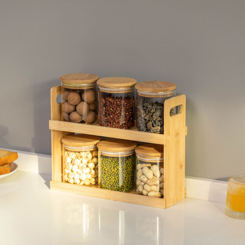 Basicwise Versatile 2-Tier Bamboo Spice Rack and Pantry Organizer with 8 Glass Jars – Perfect for Countertop Storage in Kitchens to Keep  Seasoning Containers Neatly Displayed and Easily Accessible