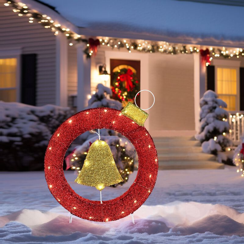 LuxenHome 1.9Ft Tall Ornament and Bell Wreath Outdoor Holiday Decoration with Lights