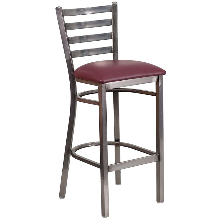 Flash Furniture HERCULES Series Clear Coated Ladder Back Metal Restaurant Barstool - Burgundy Vinyl Seat