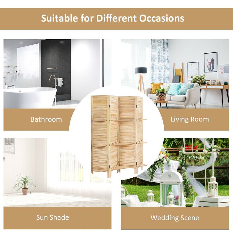 4 Panel Folding Room Divider Screen With 3 Display Shelves