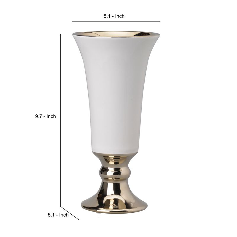 Ceramic Vase with Flared Top and Pedestal Base, Large, White and Gold - Benzara