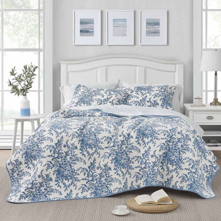 Hivvago Full/Queen 3 Piece Bed In A Bag Reversible Blue White Floral Cotton Quilt Set