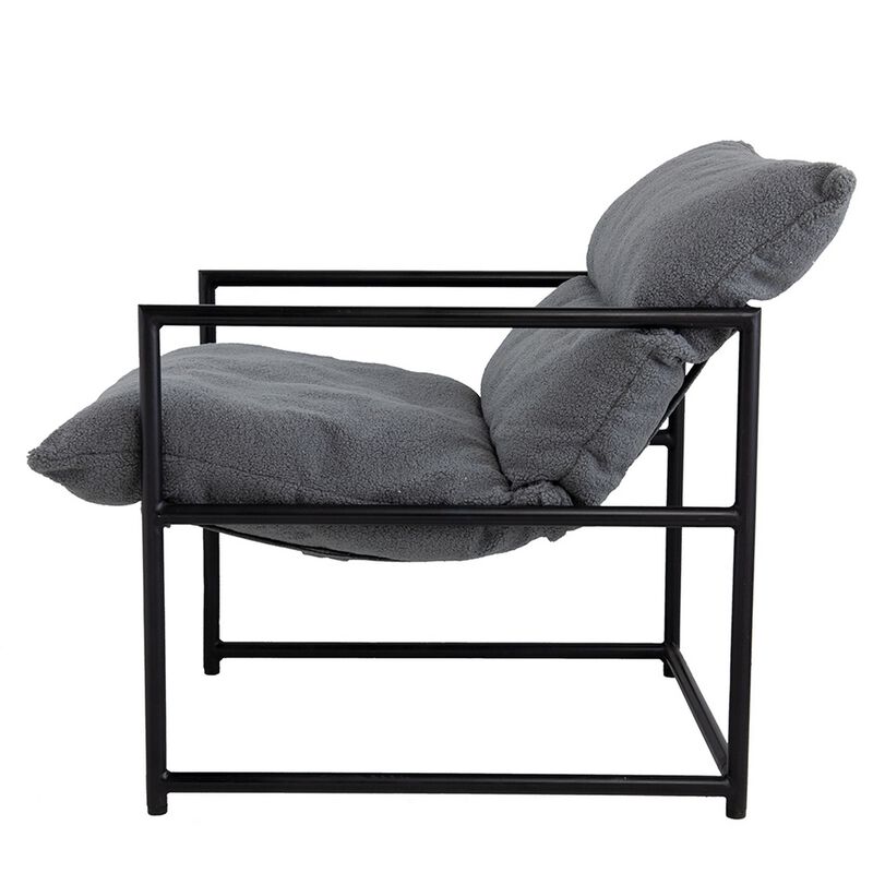 26 Inch Accent Chair with Cushion, Black Iron, Light Gray Faux Leather - Benzara