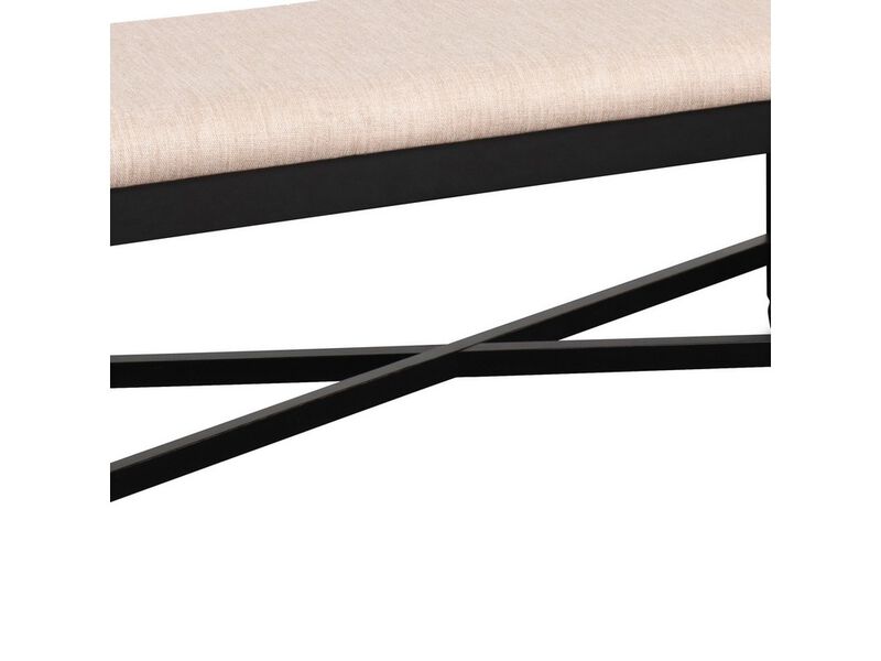 Fabric Dining Bench with Turned Legs and X Shaped Support, Beige and Black - Benzara