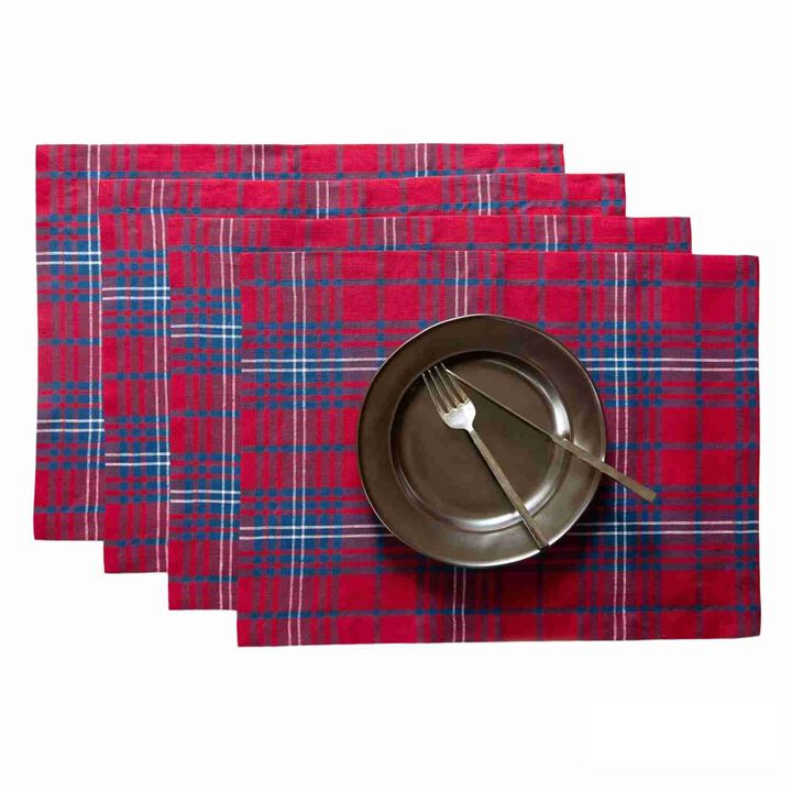 Solino Home 100% Pure Linen 14 x 19 Inch Placemats Set of 4 | Red Tartan Plaid