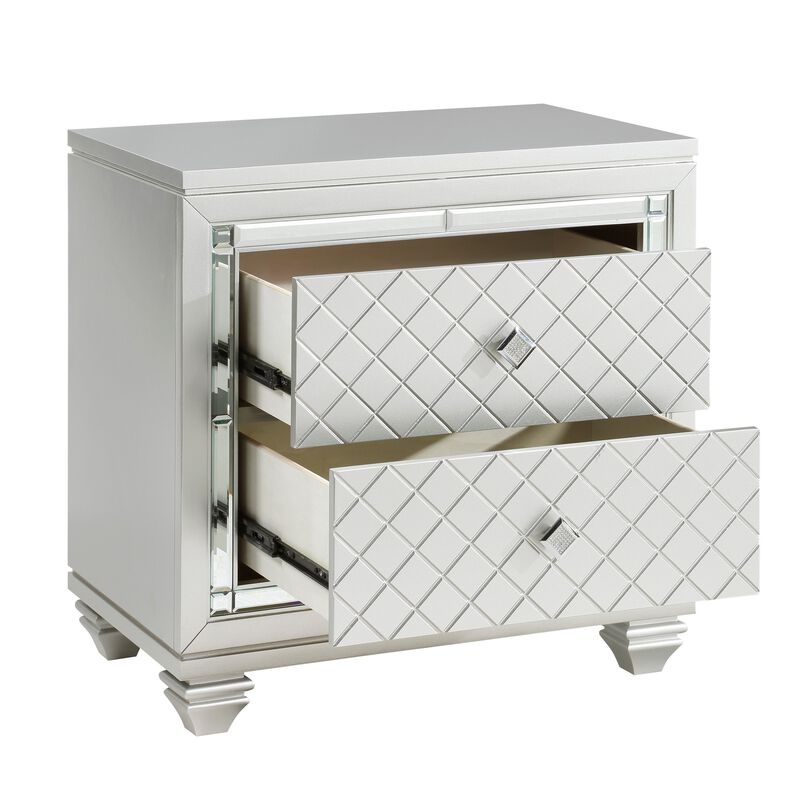 Piros 29 Inch 2 Drawer Nightstand, Diamond Pattern, Mirrored Frame, Silver-Benzara