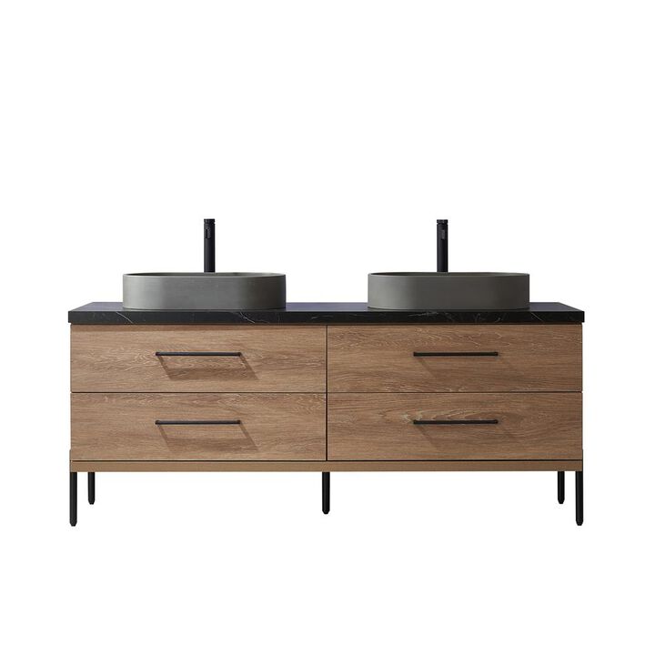 Vinnova Design Double Sink Bath Vanity with Black Sintered Stone Top with Concrete Sink