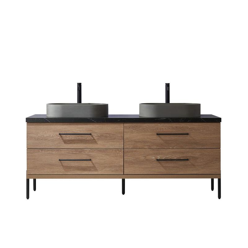 Vinnova Design Double Sink Bath Vanity with Black Sintered Stone Top with Concrete Sink