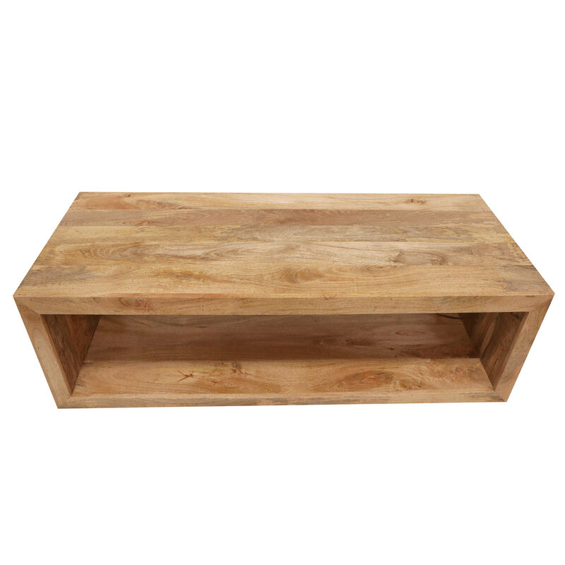 Keli 58 Inch Mango Wood Coffee Table, Open Cube, 1 Shelf, Natural Brown-Benzara
