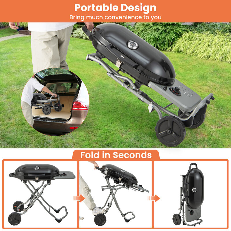 15000 BTU Portable Propane BBQ Grill with Wheels and Side Shelf-Black