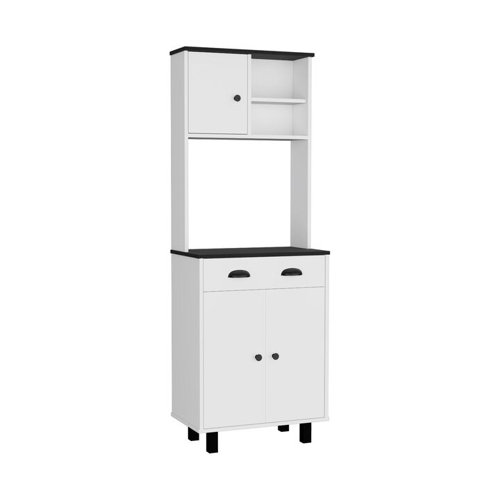 DEPOT E-SHOP Kitchen Pantry 67" H, Two Cabinets, Three Doors, Two Open Shelves, One Drawer, Microwave Storage Option, White/Black