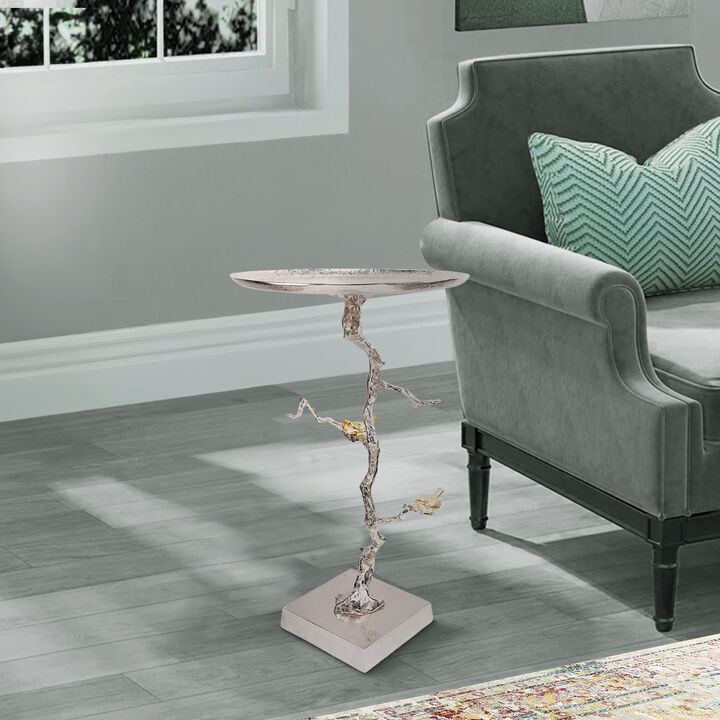 28 Inch Accent Table, Artful Branch Like Frame, Gold Bird Accents, Silver - Benzara