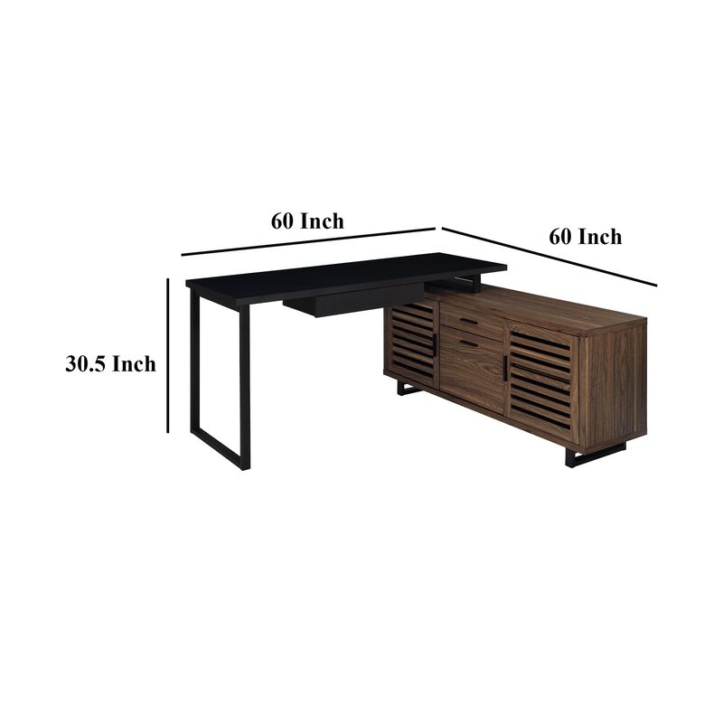 Doxx L Shape Computer Desk, 2 Doors Drawers Black Metal, Walnut Wood - Benzara