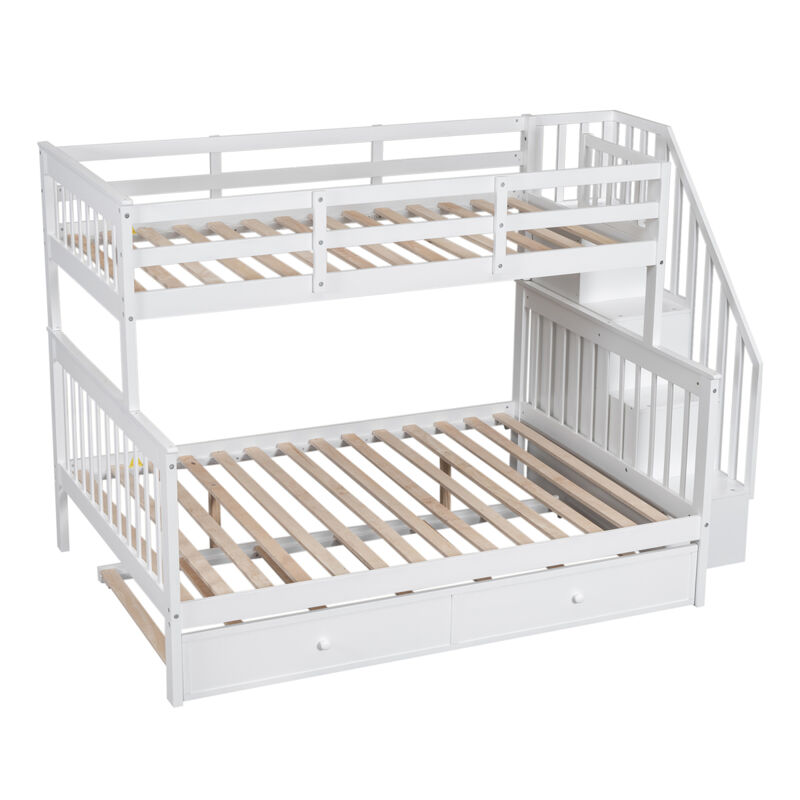 Twin Over Full Bunk Bed With Twin Size Trundle, Storage And Guard Rail For Bedroom