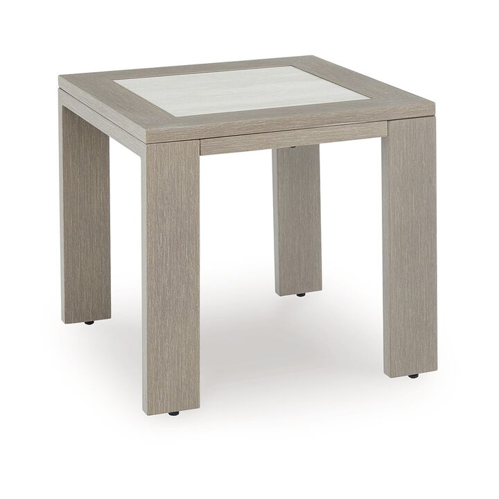Isle Outdoor Square End Table, Woodlike Grayish Brown Metal, 22 Inch - Benzara