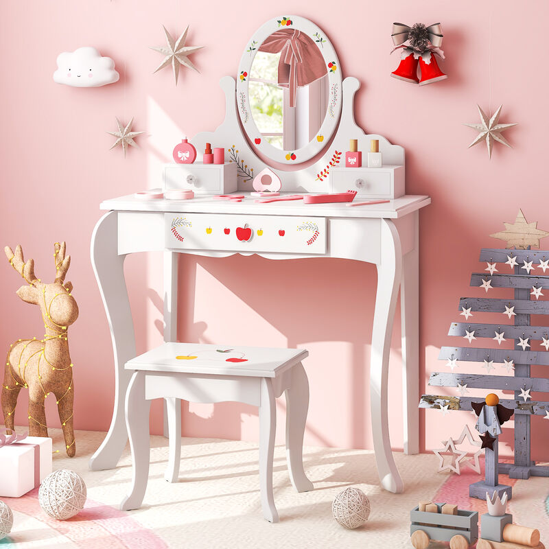 Kids Vanity and Stool Set with 360� Rotatable Mirror and Whiteboard-White