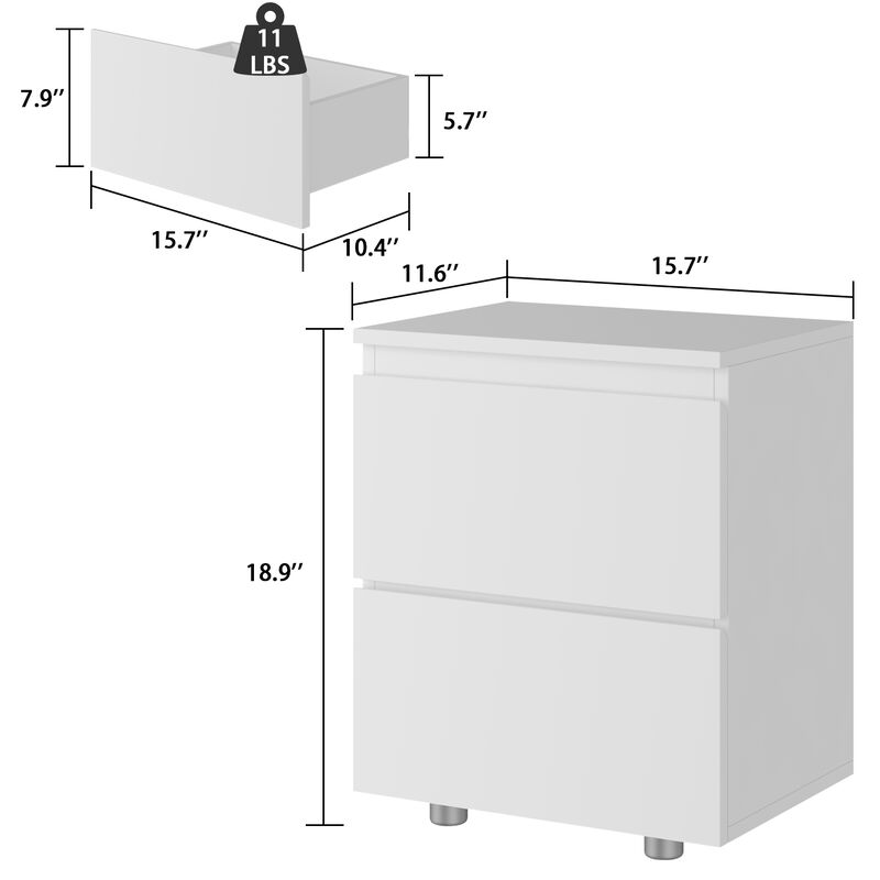 2-Drawer White Nightstands Side Table Bedside Table 18.9 in. H x 15.7 in. W x 11.6 in. D