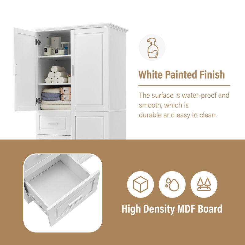 Tall And Wide Storage Cabinet With Doors For Bathroom/Office, Three Drawers, White