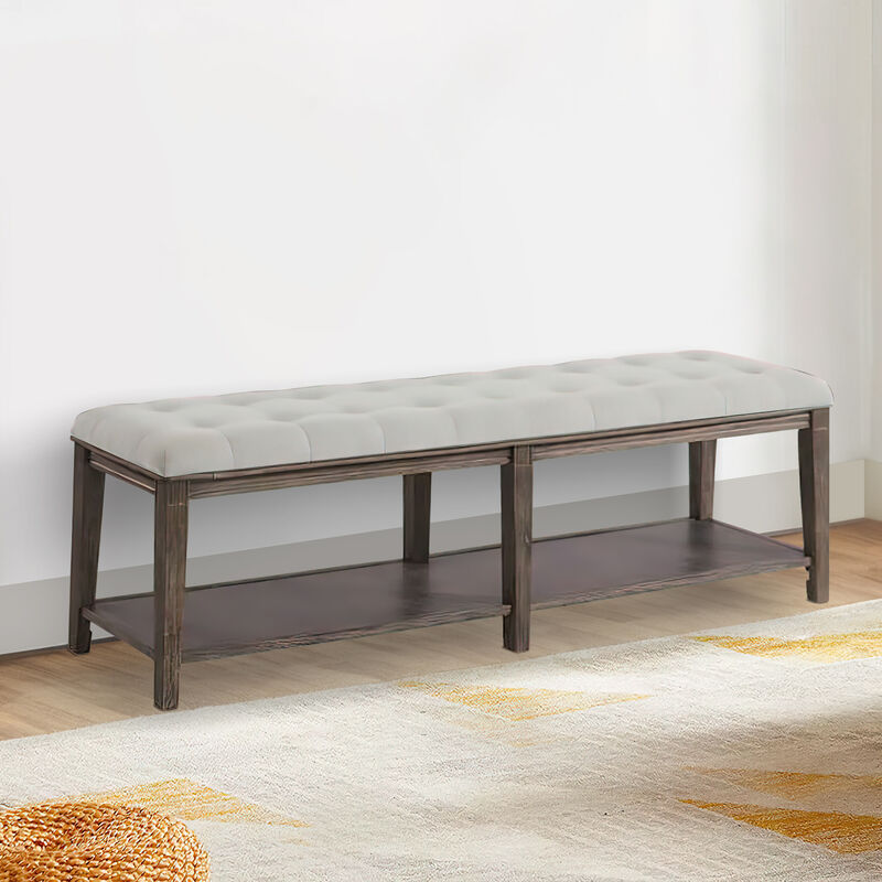 Bench with Button Tufted Seat and Open Shelf, Beige-Benzara