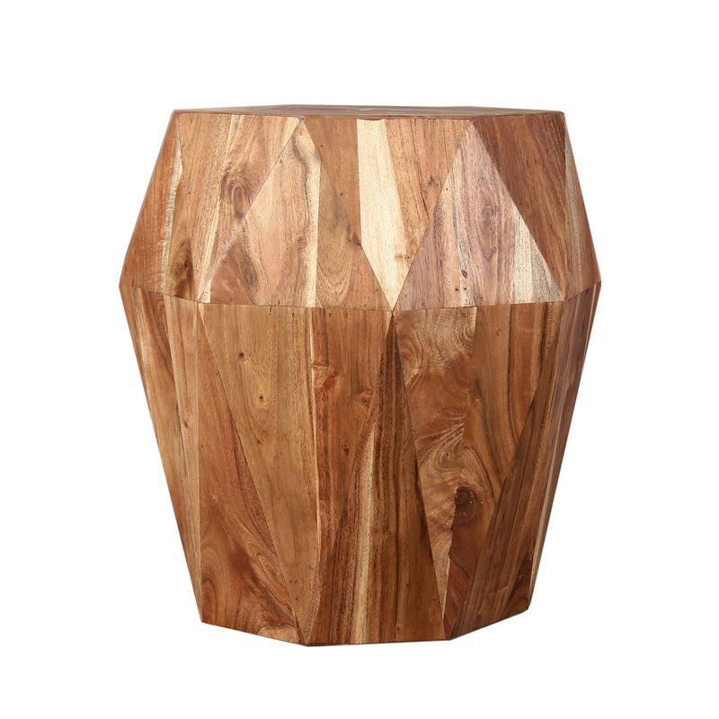 Bon 22 Inch Artisanal End Side Table, Multifaceted Solid Acacia Wood, Octagon Top, Natural Brown-Benzara