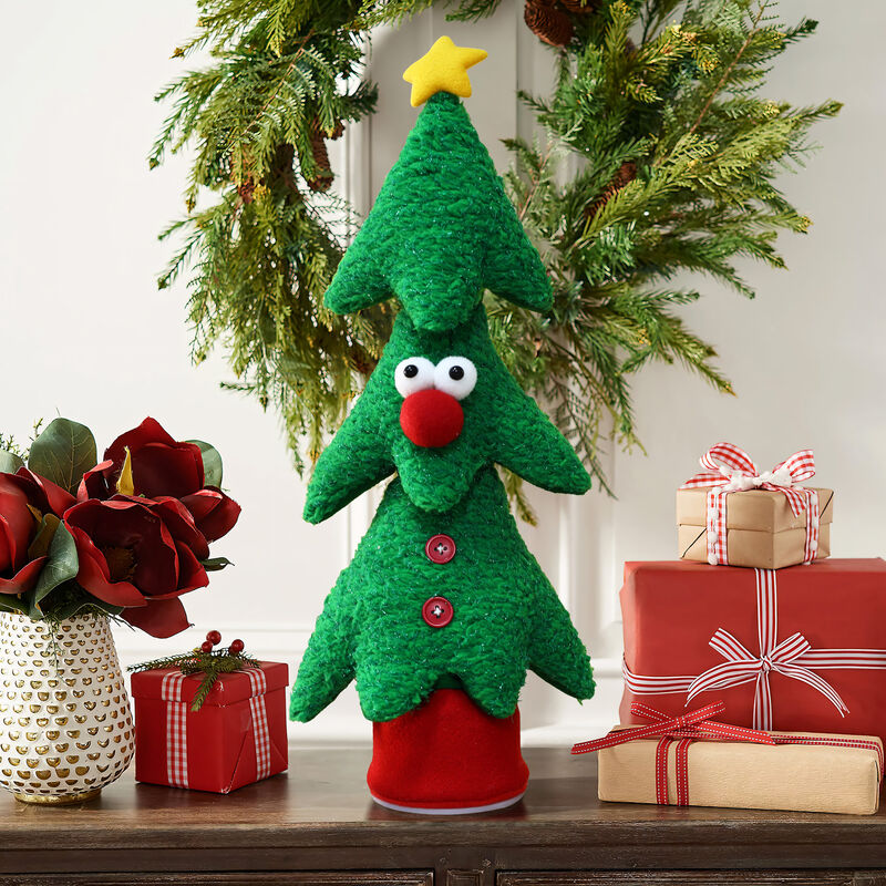 LuxenHome Animated Singing Green 17" Tall Christmas Tree Holiday Decoration, Battery Operated