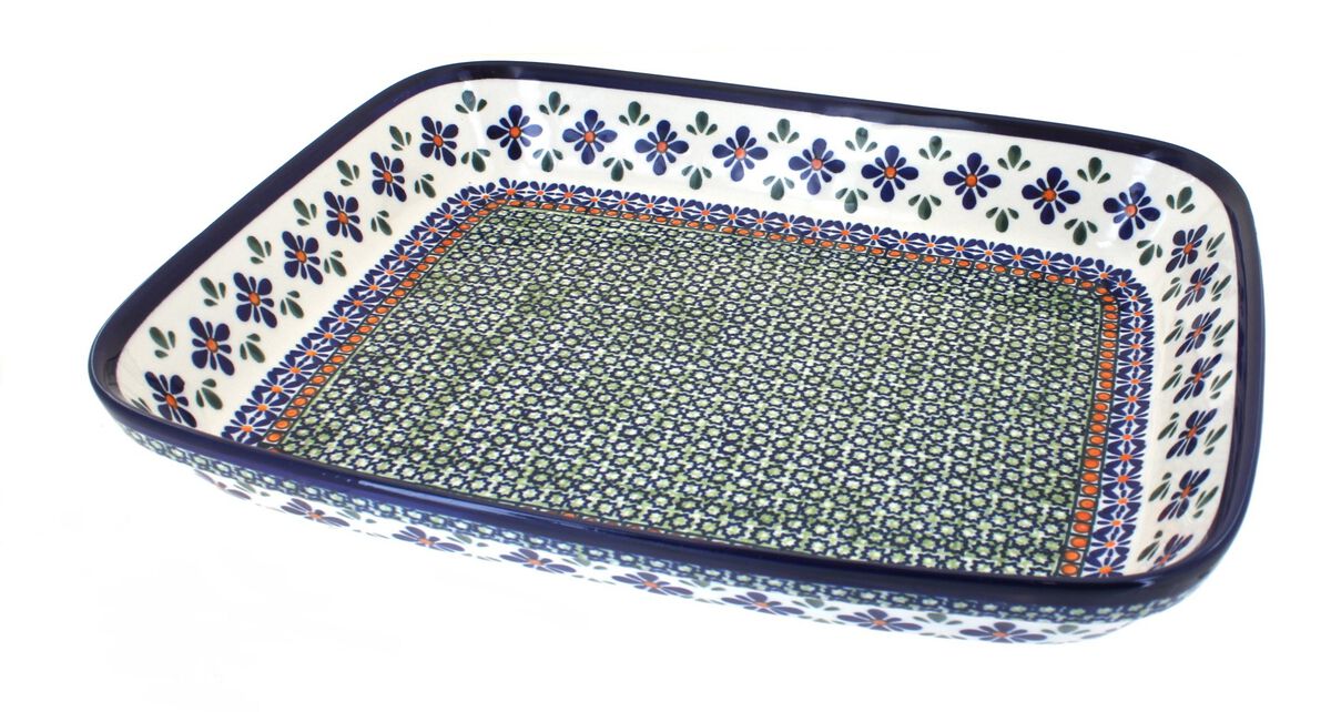 Blue Rose Polish Pottery Peacock Large Rectangular Baker