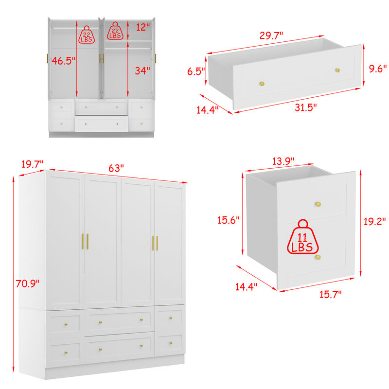 FUFU&GAGA Four-Door Wardrobe with Six Drawers and Adjustable Shelves (63" W x 19.7" D x 70.9" H),White