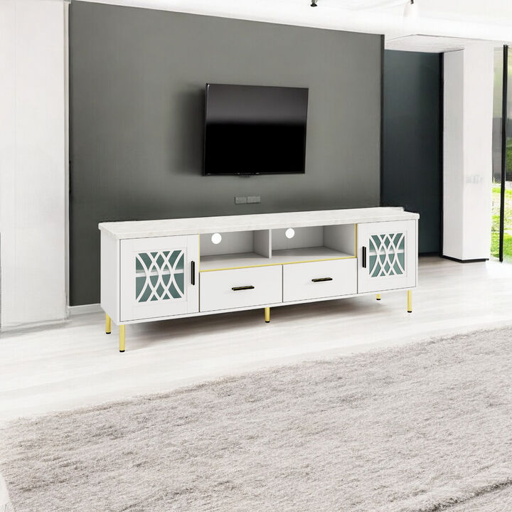 TV Stand with Glass Doors for Flat Screen TVs and Elegant Media Storage