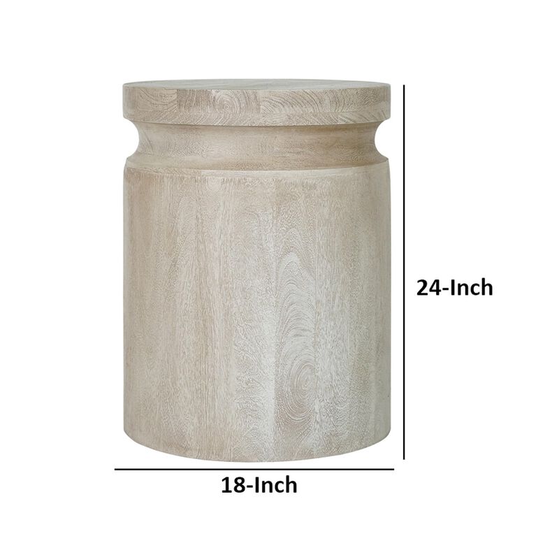 Benjara Kiv 24 Inch Side End Table, Round Mango Wood Top, Carved Accent Base, Gray, Cream