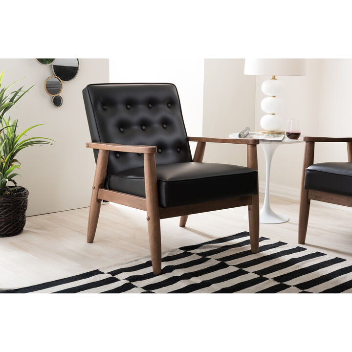 Baxton Studio Sorrento Black Faux Leather Upholstered Wooden Lounge Chair