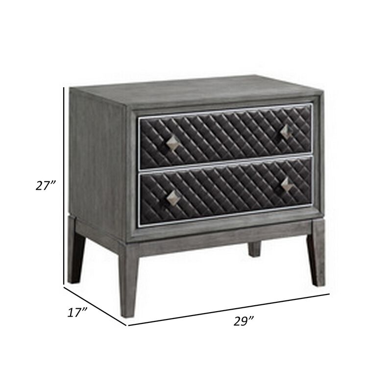Stacy 29 Inch Nightstand, 2 Faux Leather Upholstered Drawers, Gray Wood - Benzara