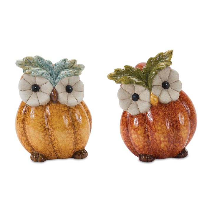 Pumpkin Owl Decorative Fall Figurine for Halloween or Autumn Decor (Set of 2)