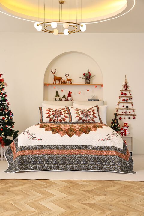 Marcielo 3 Pcs Printed Floral Lightweight Quilt Bedspread Set Queen