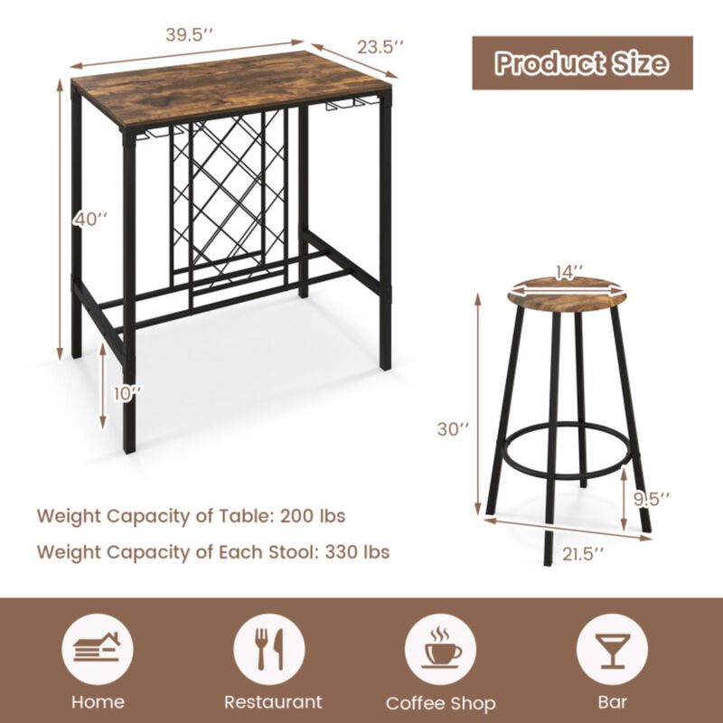 Hivvago 5 Pieces Bar Table and Stools Set with Wine Rack and Glass Holder-Rustic Brown