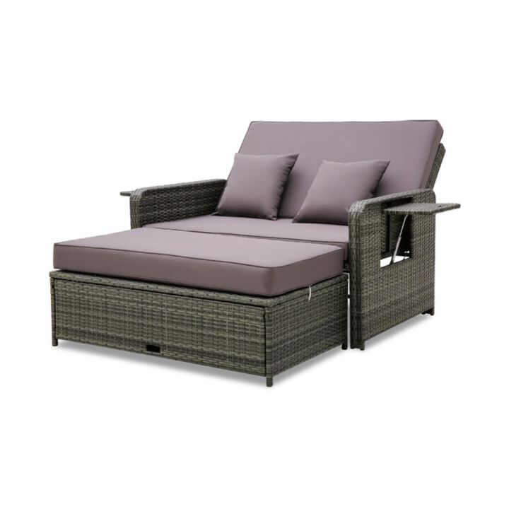 Hivvago Wicker Loveseat Sofa with Multipurpose Ottoman and Retractable Side Tray-Gray