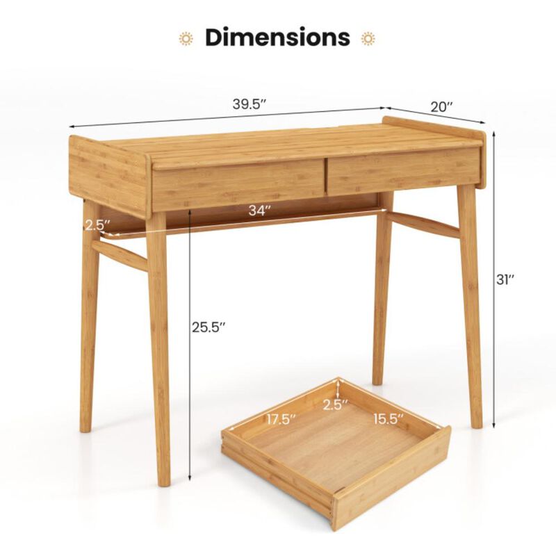 Hivvago Bamboo Writing Desk with 2 Storage Drawers and Open Shelf