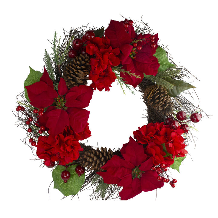 Red Poinsettia and Hydrangea Flowers with Berries Artificial Christmas Wreath - 24-Inch  Unlit
