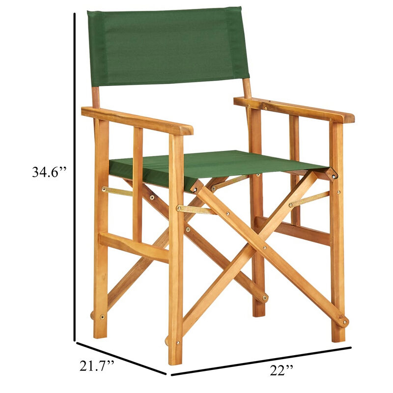 Outdoor Foldable Directors Chair, Brown Acacia Wood, Green Fabric - Benzara