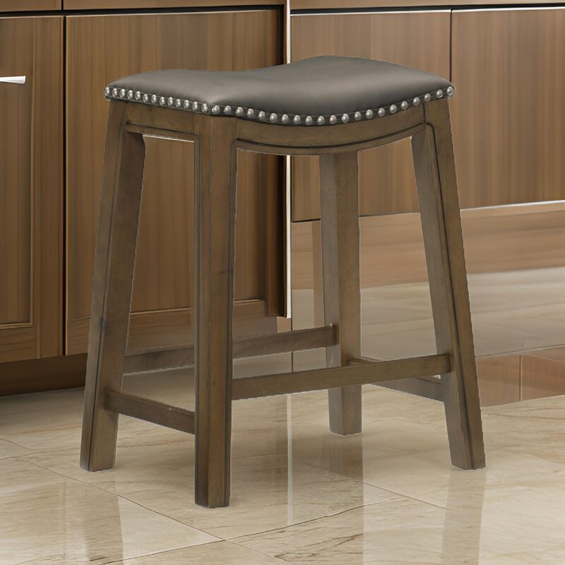 Miel 26 Inch Counter Height Stool, Gray Faux Leather Seat, Brown Solid Wood - Benzara