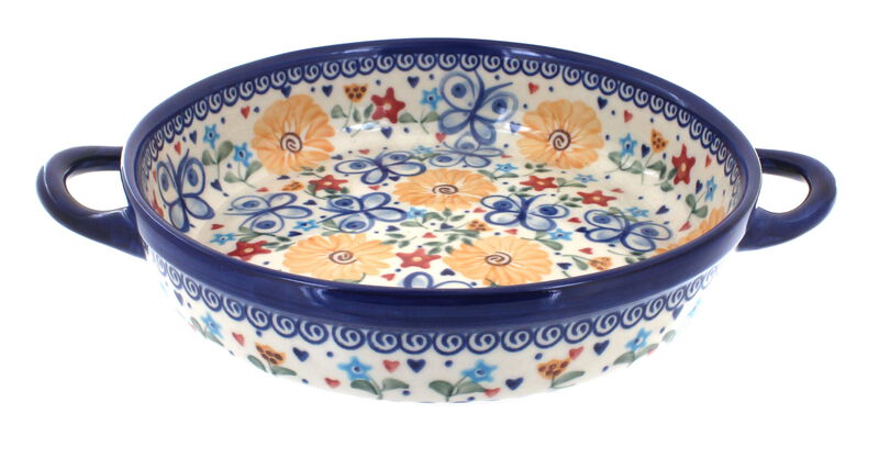 Blue Rose Polish Pottery Butterfly Small Round Baker with Handles