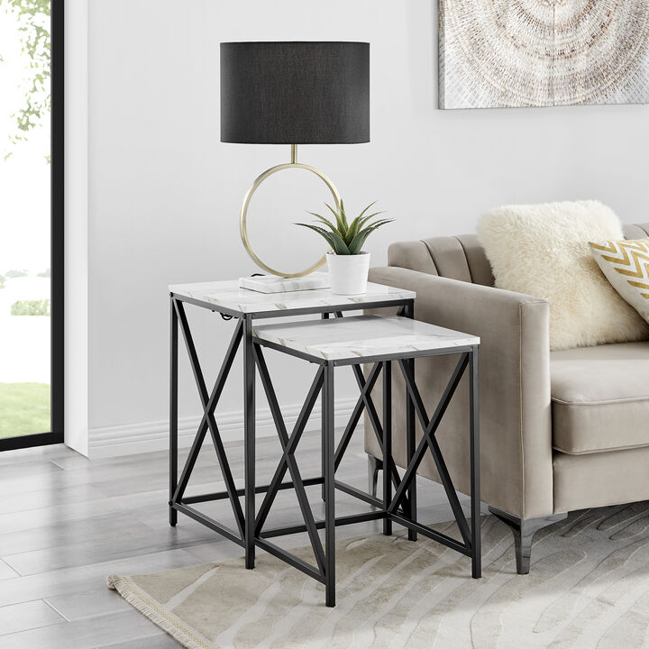 Modern Square Marble Finish Veneer Top Black Metal Frame Nesting End Tables - Set of 2
