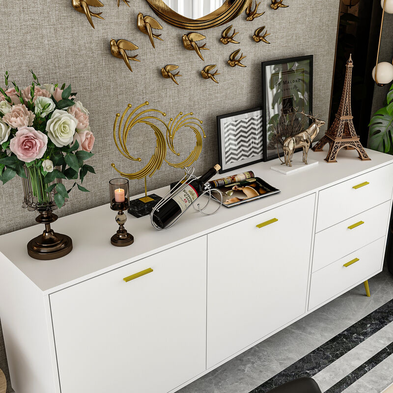 White Wood Buffet Sideboard Storage Cabinet 3-Drawers 2-Cabinets Shelves Kitchen Dining 69 in. W x 30 in. H x 15.6 in. D
